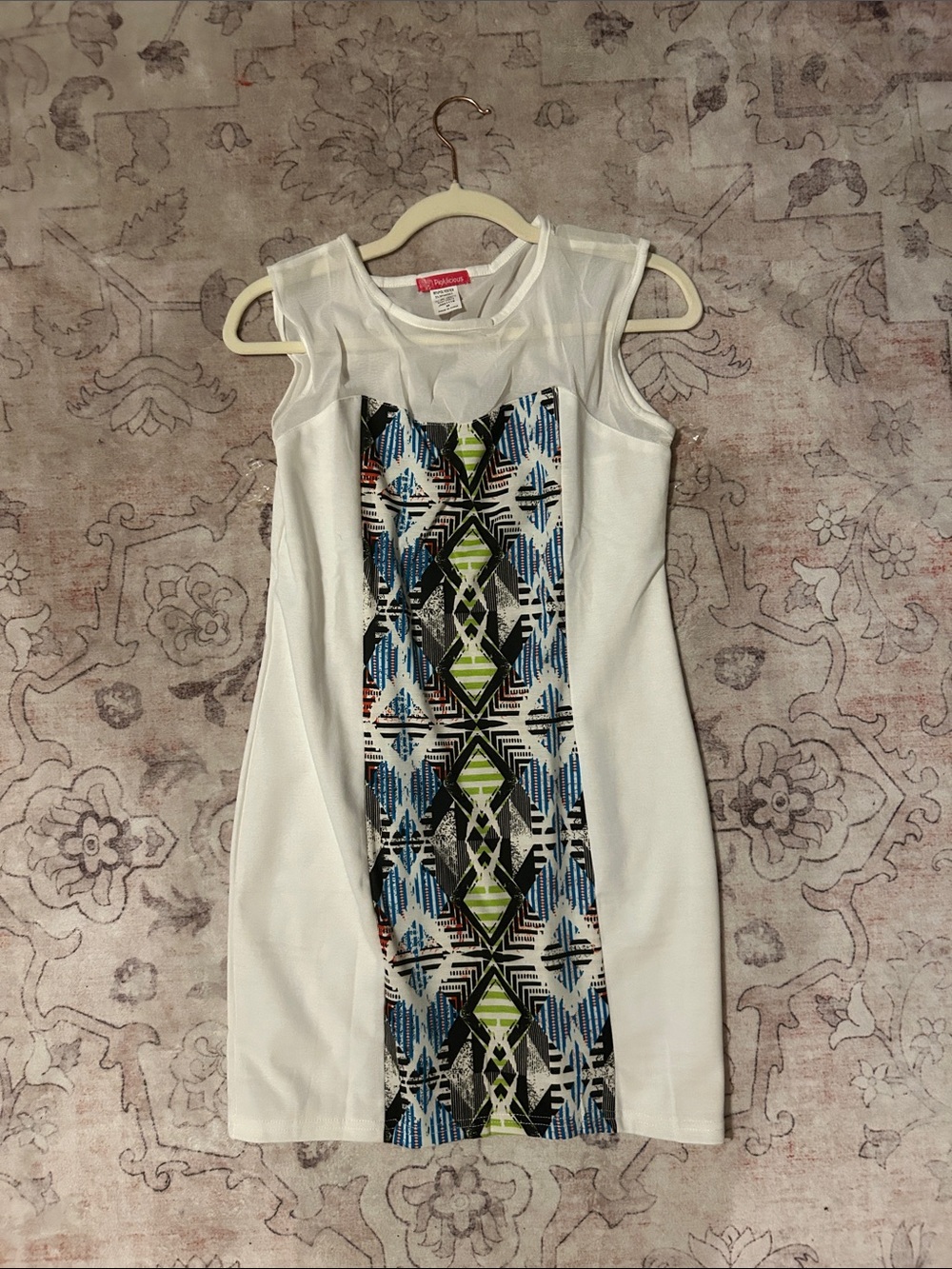 White Sleeveless Dress with Geometric Center Panel